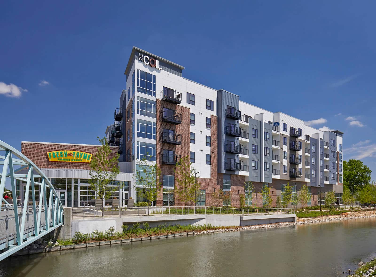Exterior building view of The Coil apartments in Indianapolis.